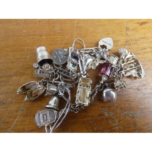 147 - A stunning silver charm bracelet with an assortment of silver charms, total weight 54g.