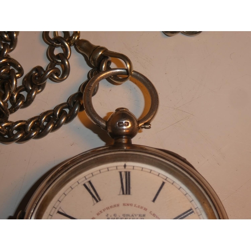 165 - An antique Sterling Silver pocket watch, fob chain and key, produced by J.C. Graves Sheffield. 'The ... 