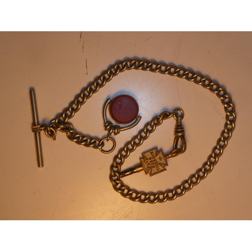 206 - A white metal fob chain with bloodstone fob pendent, with Marshall and Son pocket watch key. (stampe... 