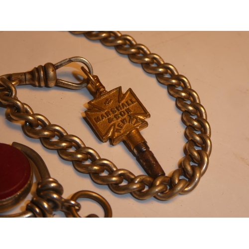 206 - A white metal fob chain with bloodstone fob pendent, with Marshall and Son pocket watch key. (stampe... 