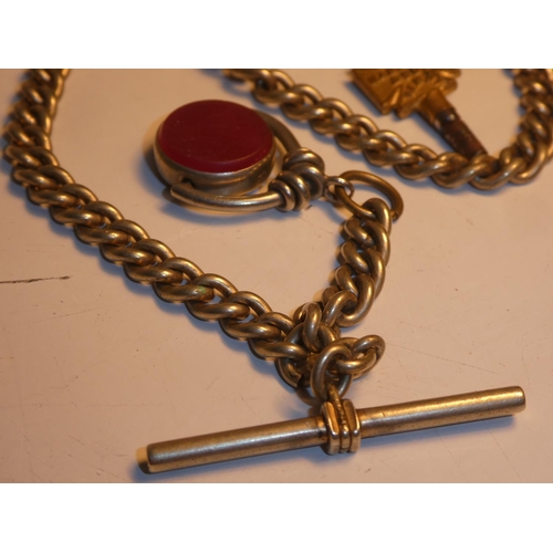 206 - A white metal fob chain with bloodstone fob pendent, with Marshall and Son pocket watch key. (stampe... 