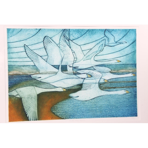 A large limited edition linocut print 'On the Wing Again' 20/23 signed Laurie Rudling, measuring 76cm x 60cm including frame.