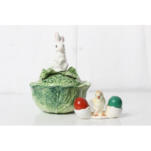 343 - A 'Rabbit' lidded pot and a vintage condiment set of a chick.