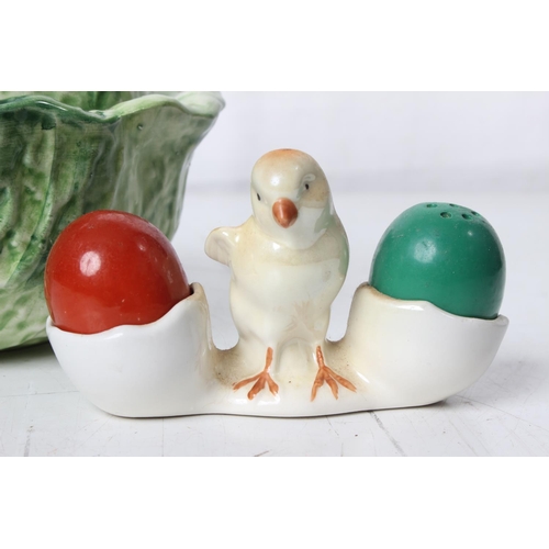 343 - A 'Rabbit' lidded pot and a vintage condiment set of a chick.