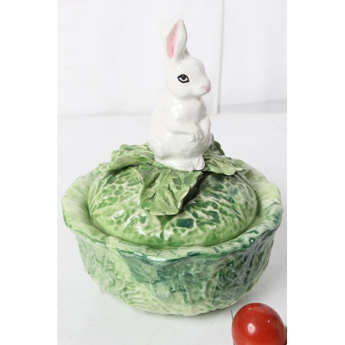 343 - A 'Rabbit' lidded pot and a vintage condiment set of a chick.