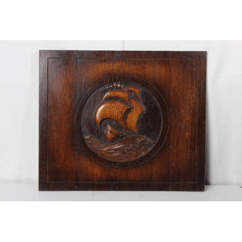 344 - A vintage oak panel of a sailing ship.