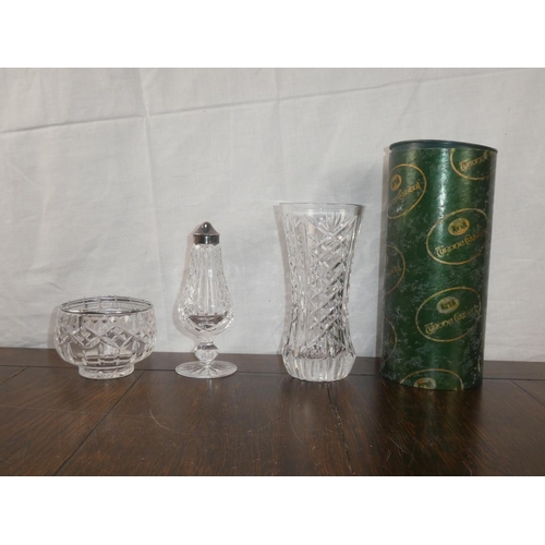 116 - A cased Tyrone crystal vase, a Waterford crystal salt shaker and lidded posey dish.