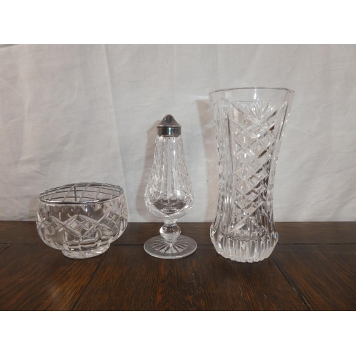 116 - A cased Tyrone crystal vase, a Waterford crystal salt shaker and lidded posey dish.