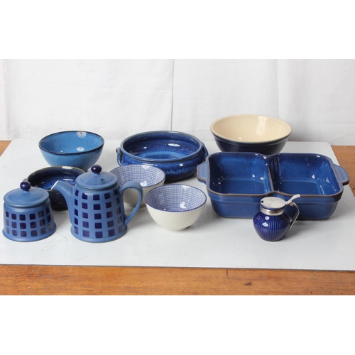 76 - A Denby pottery teapot and sugar bowl, a Denby two sectional dish and bowl and other blue glazed war... 