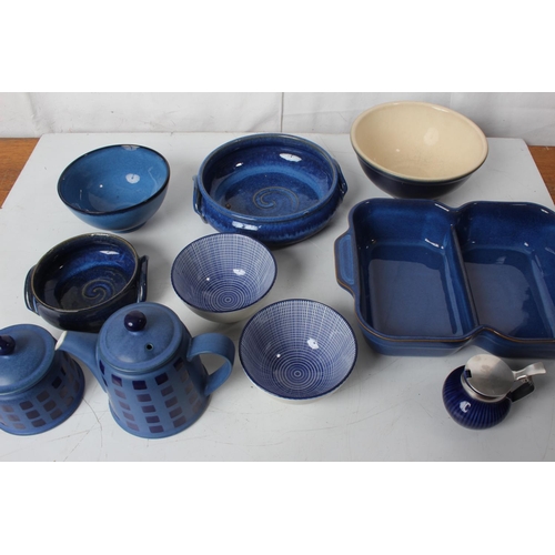 76 - A Denby pottery teapot and sugar bowl, a Denby two sectional dish and bowl and other blue glazed war... 