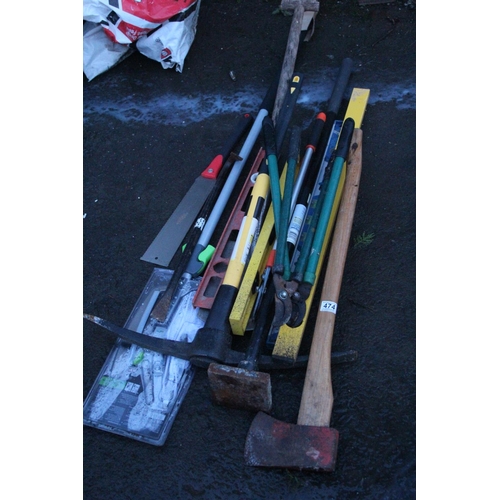 474 - A job lot of tools etc including a heavy duty pickaxe, crowbar, spade etc.