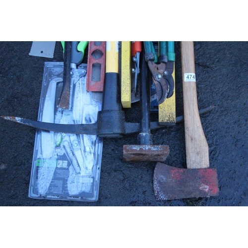 474 - A job lot of tools etc including a heavy duty pickaxe, crowbar, spade etc.