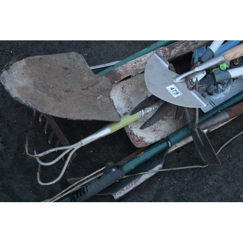 479 - A large lot of assorted tools including two builders shovels, garden rake and lots more.