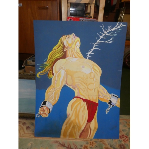 81 - A large painting depicting an 80's style fantasy hero. 123x92cm.