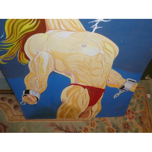 81 - A large painting depicting an 80's style fantasy hero. 123x92cm.