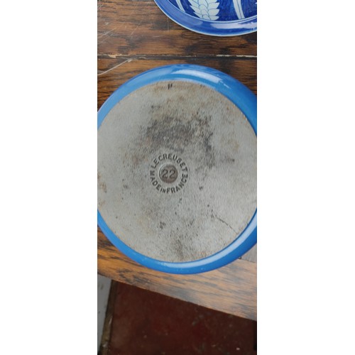 223 - Three pieces of Le Creuset kitchen ware and a blue and white ceramic lidded pot.