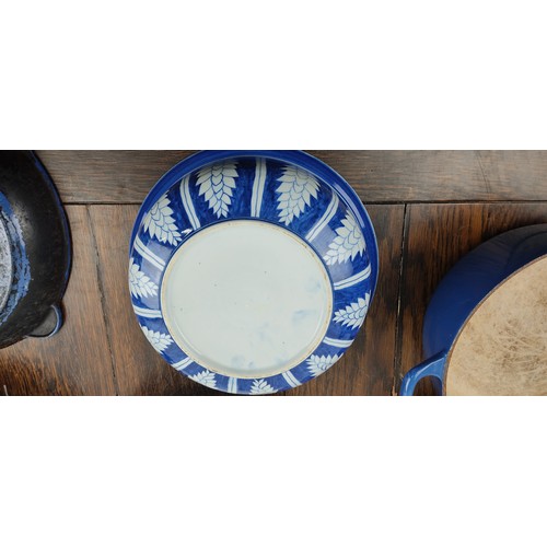 223 - Three pieces of Le Creuset kitchen ware and a blue and white ceramic lidded pot.