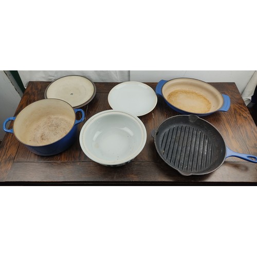 223 - Three pieces of Le Creuset kitchen ware and a blue and white ceramic lidded pot.