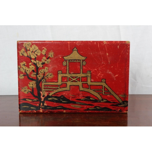 5 - A vintage hand painted Oriental style jewellery box and a lot of collectors badges including Dinky T... 