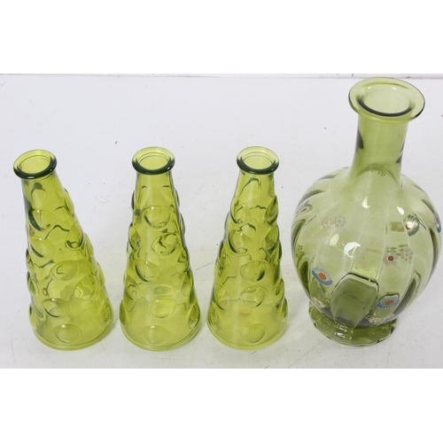 89 - A vintage hand painted floral green glass vase and three others.