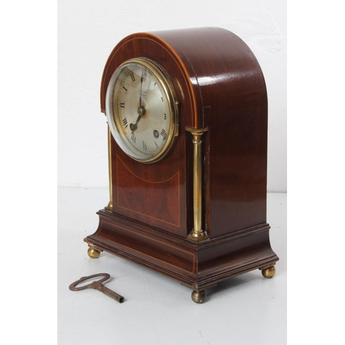 108 - A stunning antique/ Edwardian arch top mantle clock, with inlaid case, brass pillars & silvered dial... 