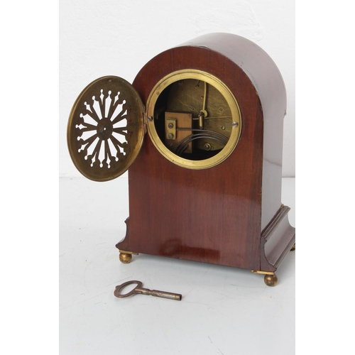 108 - A stunning antique/ Edwardian arch top mantle clock, with inlaid case, brass pillars & silvered dial... 