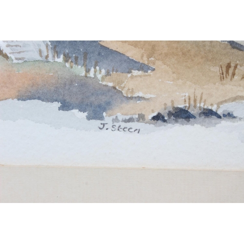 120 - A pair of framed watercolours by Irish artist J Steen, measuring including frame 39cm x 31.5cm.