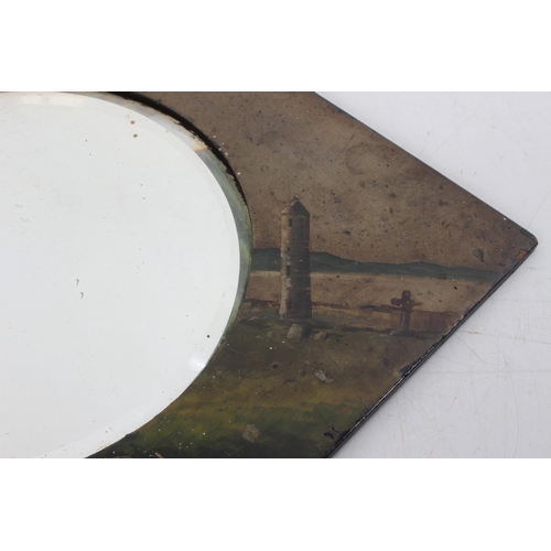 303 - An antique hand painted mirror, showing the Ruins of Devenish. 16.5 x 16.5 inch