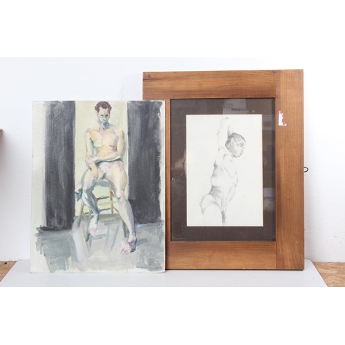 350 - A framed nude pencil drawing, along with a nude painting by Frank Nelson.