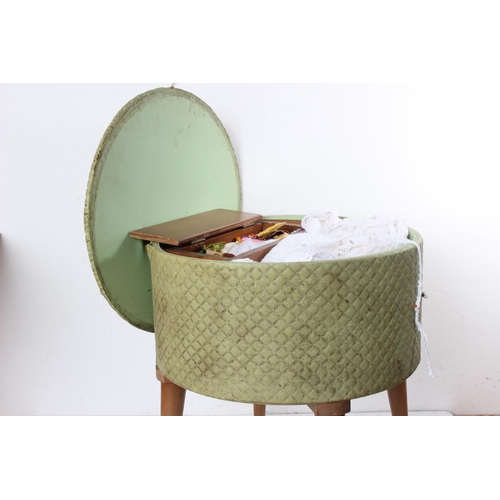 353 - A vintage footstool / sewing box and contents. 15 x 17inch