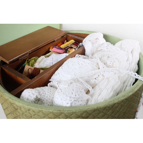 353 - A vintage footstool / sewing box and contents. 15 x 17inch