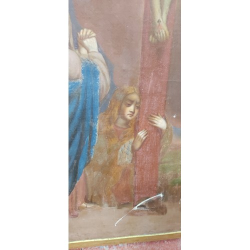 491 - A stunning antique painting depicting the Crucifixion of Christ. 36 x 49 inch