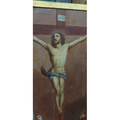 491 - A stunning antique painting depicting the Crucifixion of Christ. 36 x 49 inch