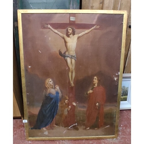 491 - A stunning antique painting depicting the Crucifixion of Christ. 36 x 49 inch