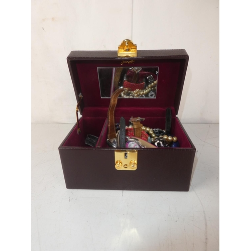 475 - An assortment of costume jewellery and watches, housed inside a jewellery box.