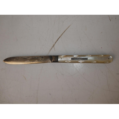 477 - A stunning mother of pearl handled pocket knife with Sterling silver blade, fully hallmarked for Bir... 