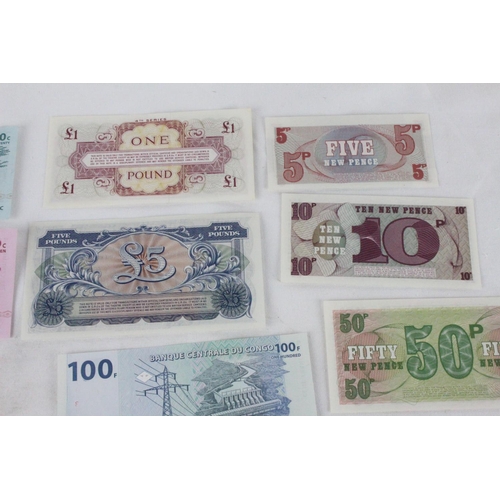 376 - A lot of assorted foreign bank notes from Nicaragua, Bosnia, Congo, British Armed Forces, North Kore... 