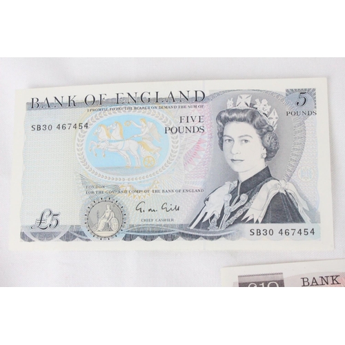 389 - 3 Bank of England notes from the 1970s, to include a £5 note signed by G.M. Gill, a £10 note signed ... 