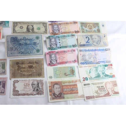 408 - A lot of assorted foreign bank notes from Turkey, Brazil, Tunisia, Italy, Spain, Japan, Denmark, Ger... 