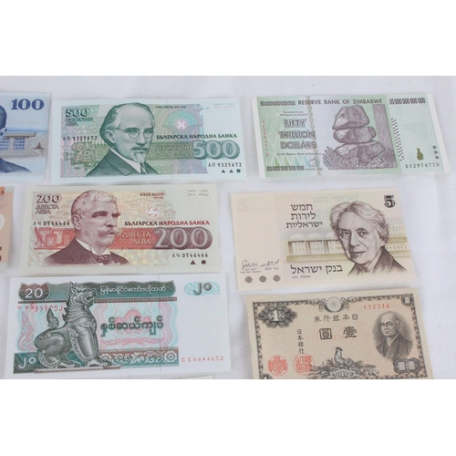 410 - A lot of assorted foreign bank notes from Zimbabwe, Myanmar, Bulgaria, Israel, New Zealand, Japan an... 