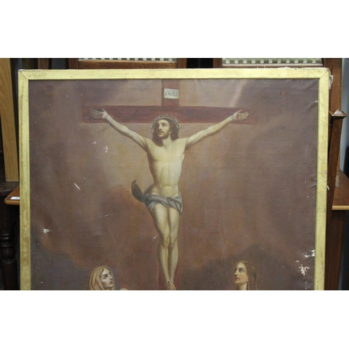 32 - A stunning large antique oil on canvas painting depicting the Crucifixion of Christ. (a/f)36 x 49 in... 