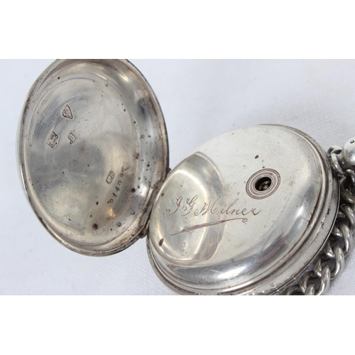 85 - A Sterling Silver pocket watch and a Sterling silver chain.