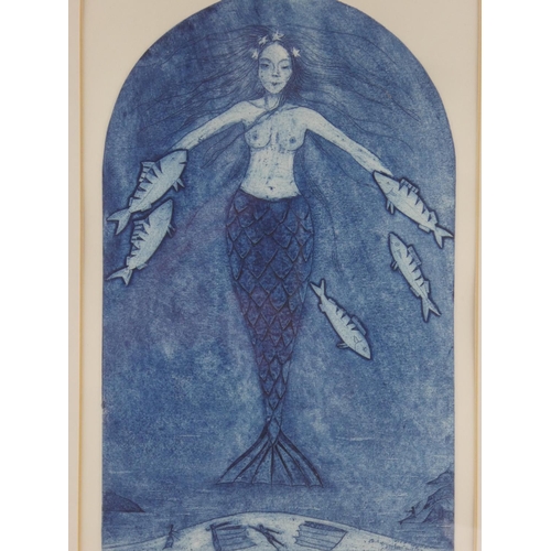 127 - A llimited edition linocut print 'The Mermaid from Padstow' 66/100 signed Michelle Wright, measuring... 