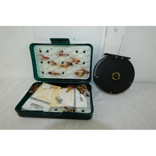 143 - A vintage Snowbee model no 100 fishing fly case, a lot of fishing flies and a Shakespeare 2755 Grafl... 