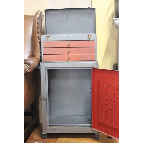 186 - A vintage mechanics metal cabinet with top toolbox on wheels.