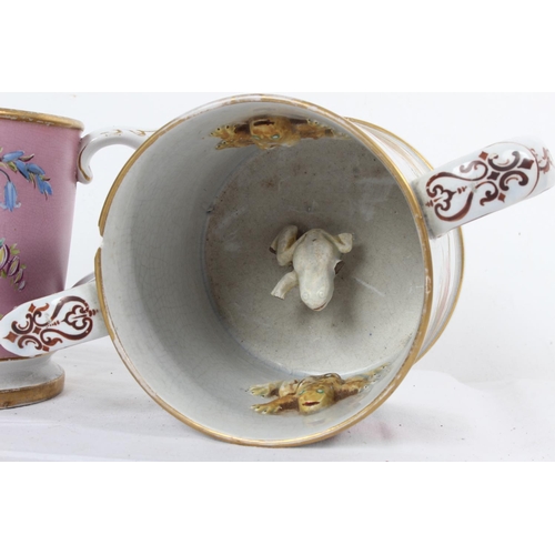 271 - Two large stunning antique loving cups (a/f) one with unusual frog detail inside.