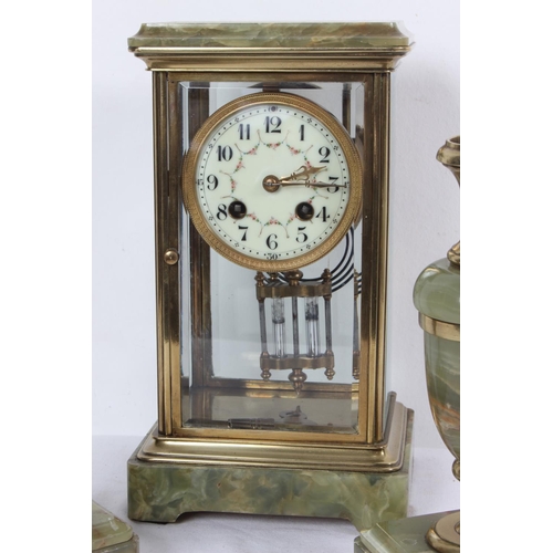 275 - A stunning antique marble three piece clock set with hand painted porcelain dial.