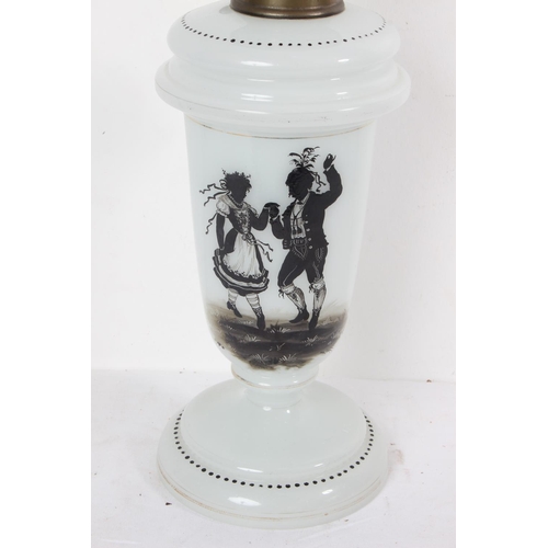 276 - A stunning antique oil lamp with etched glass shade and hand painted design.