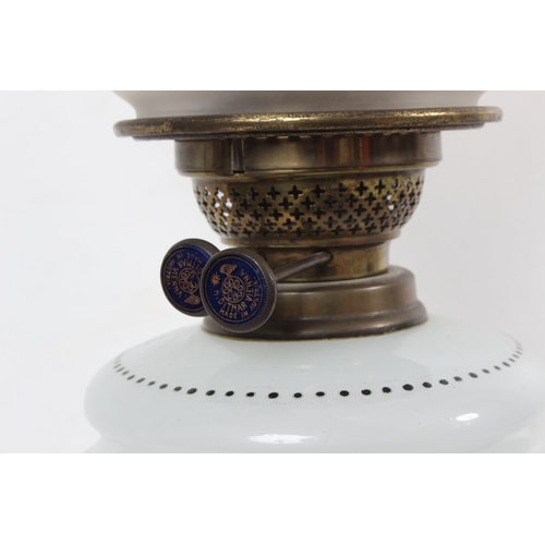 276 - A stunning antique oil lamp with etched glass shade and hand painted design.