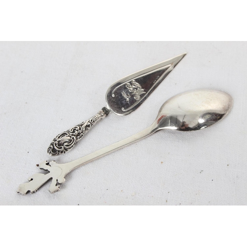 376 - A Sterling Silver trowel bookmark & commemorative Royal Irish Rifles spoon.